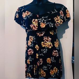 Rue 21 Black with Big Pink & Yellow Roses Off Shoulders Summer Dress Small